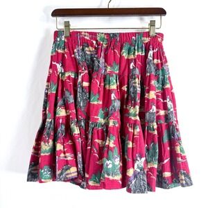 Vintage Blue Red Western Cowboy Print Cotton Tiered Broomstick Skirt Large USA